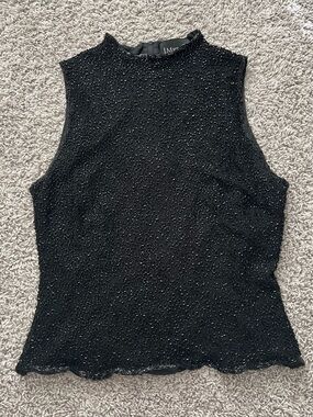 J Michaels Black Beaded Sleeveless Tanka (100% Silk shell)